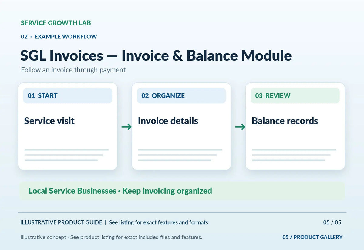 SGL Invoices — Invoice & Balance Module — original illustrative product marketing visual 4 and relevant service workflow