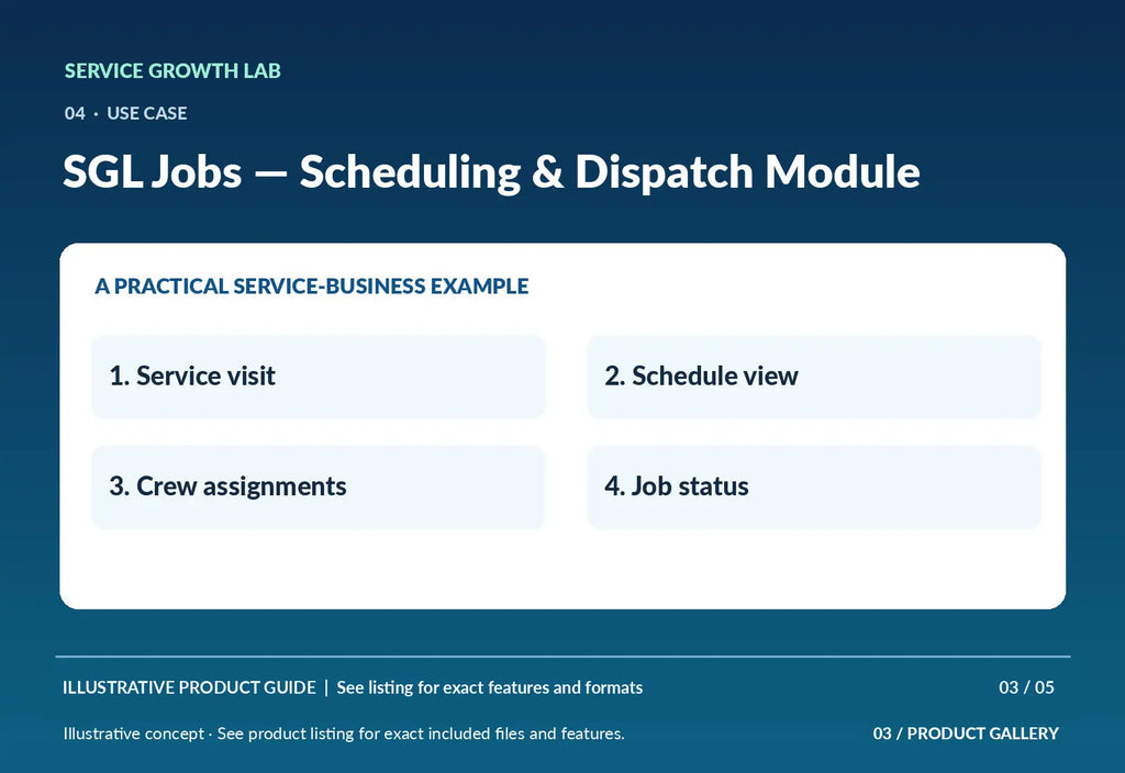 SGL Jobs — Scheduling & Dispatch Module — original illustrative product marketing visual 2 and relevant service workflow
