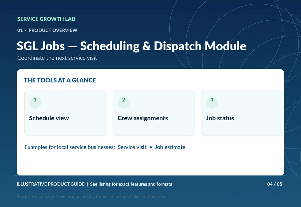 SGL Jobs — Scheduling & Dispatch Module — original illustrative product marketing visual 3 and relevant service workflow