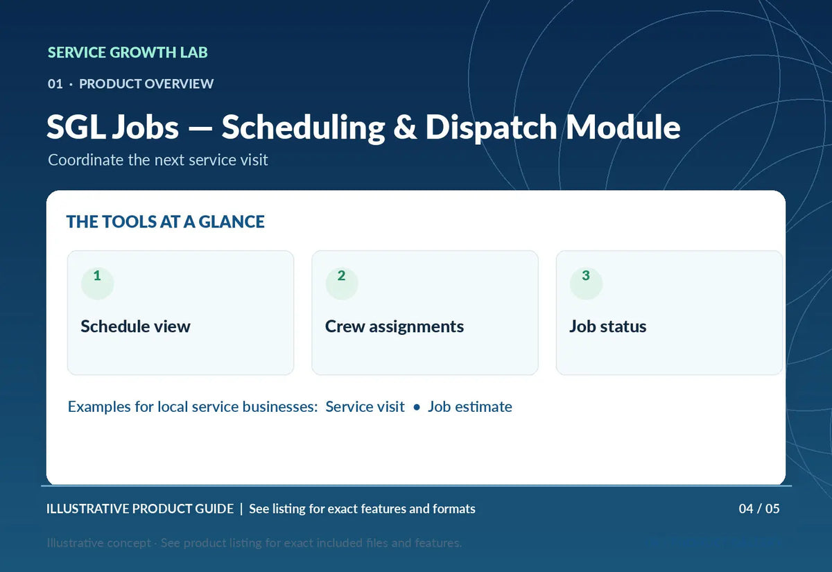 SGL Jobs — Scheduling & Dispatch Module — original illustrative product marketing visual 3 and relevant service workflow