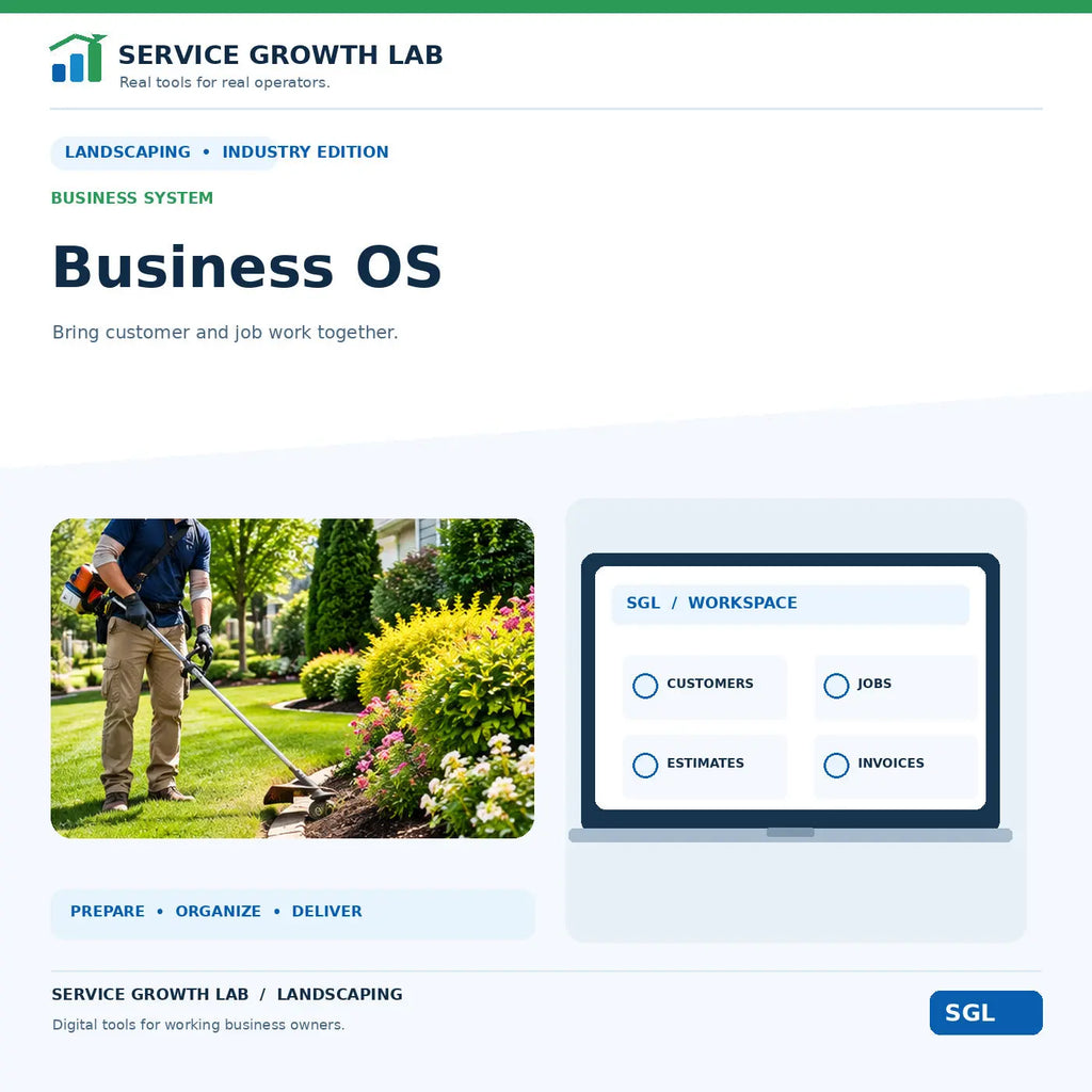Landscaping Business OS by Service Growth Lab: blue-and-white industry cover with matching tool illustration
