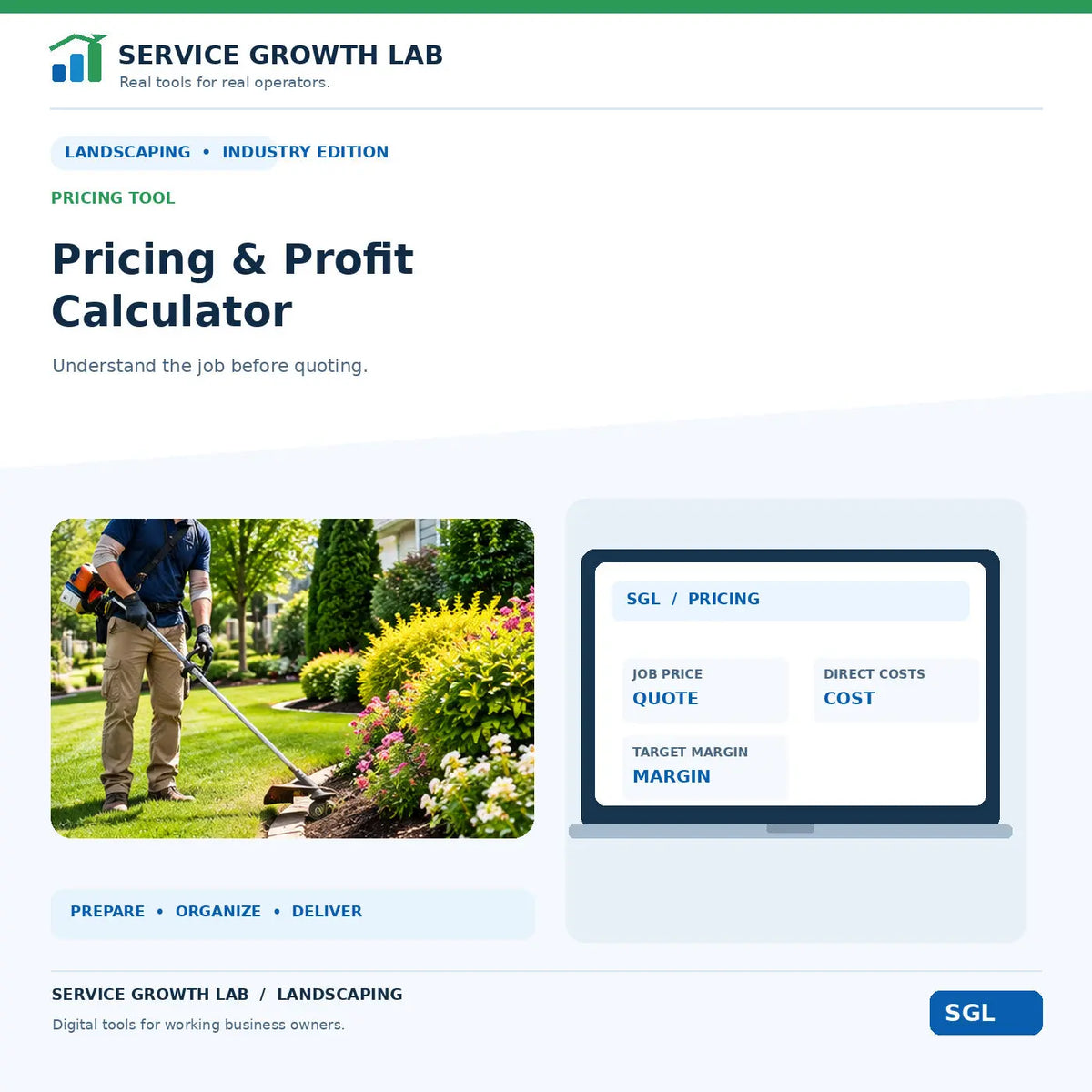 Landscaping Pricing & Profit Calculator by Service Growth Lab: blue-and-white industry cover with matching tool illustration