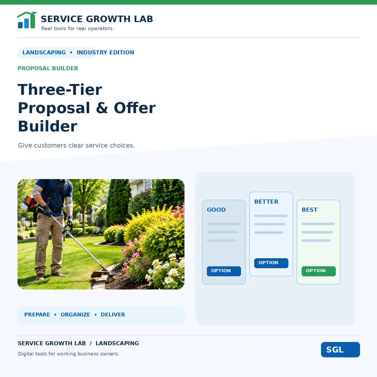 Landscaping Three-Tier Proposal & Offer Builder by Service Growth Lab: blue-and-white industry cover with matching tool illustration