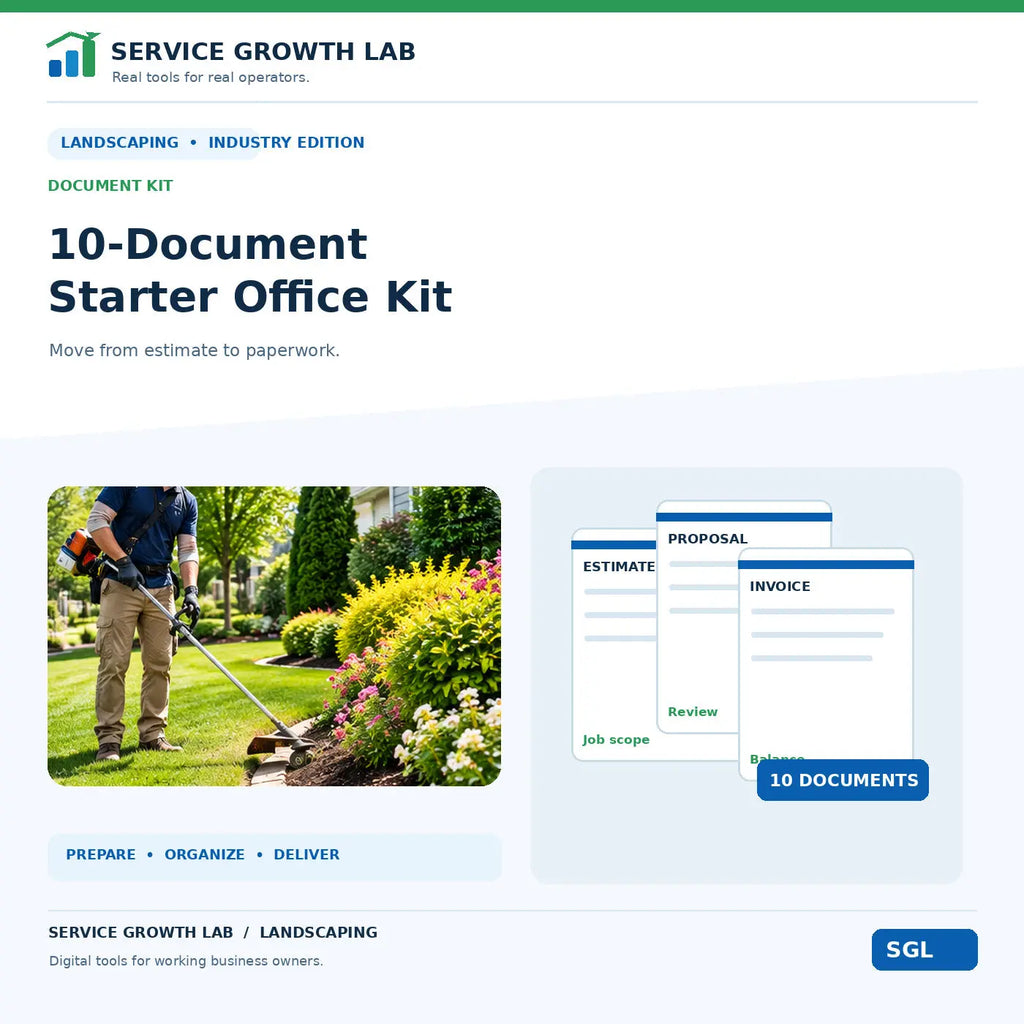 Landscaping 10-Document Starter Office Kit by Service Growth Lab: blue-and-white industry cover with matching tool illustration