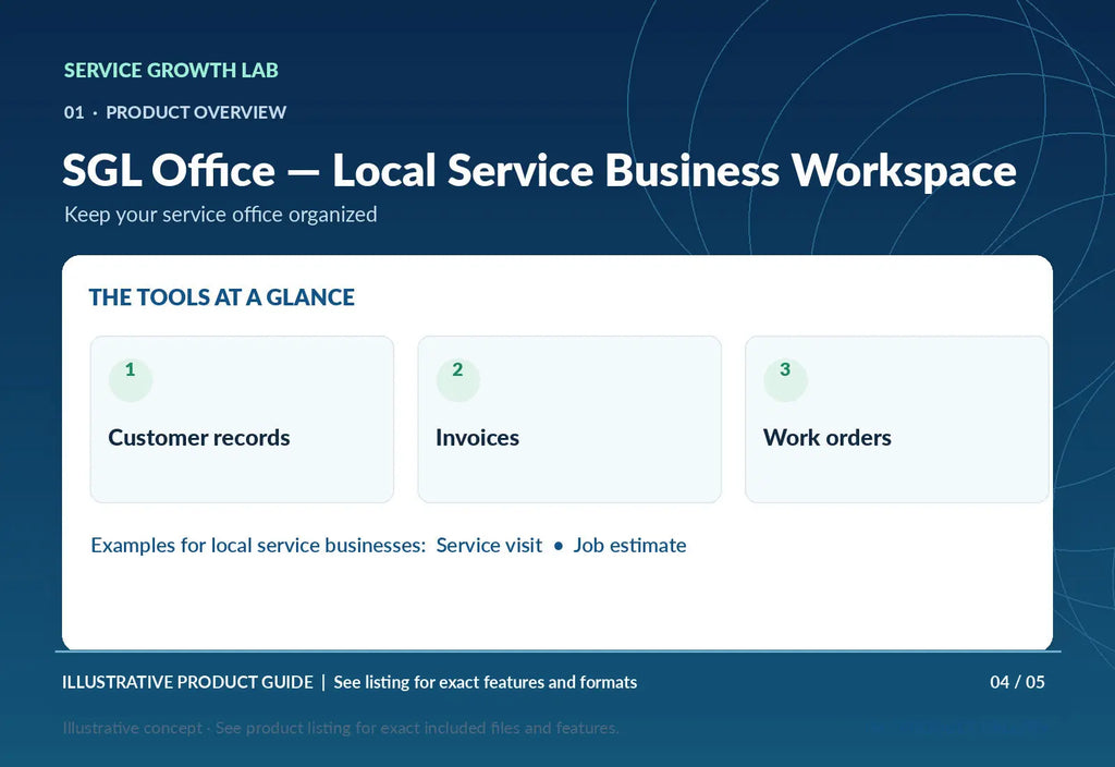 SGL Office — Local Service Business Workspace — original illustrative product marketing visual 3 and relevant service workflow