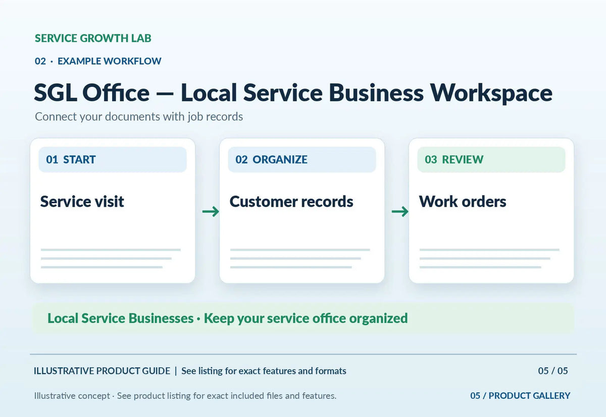 SGL Office — Local Service Business Workspace — original illustrative product marketing visual 4 and relevant service workflow