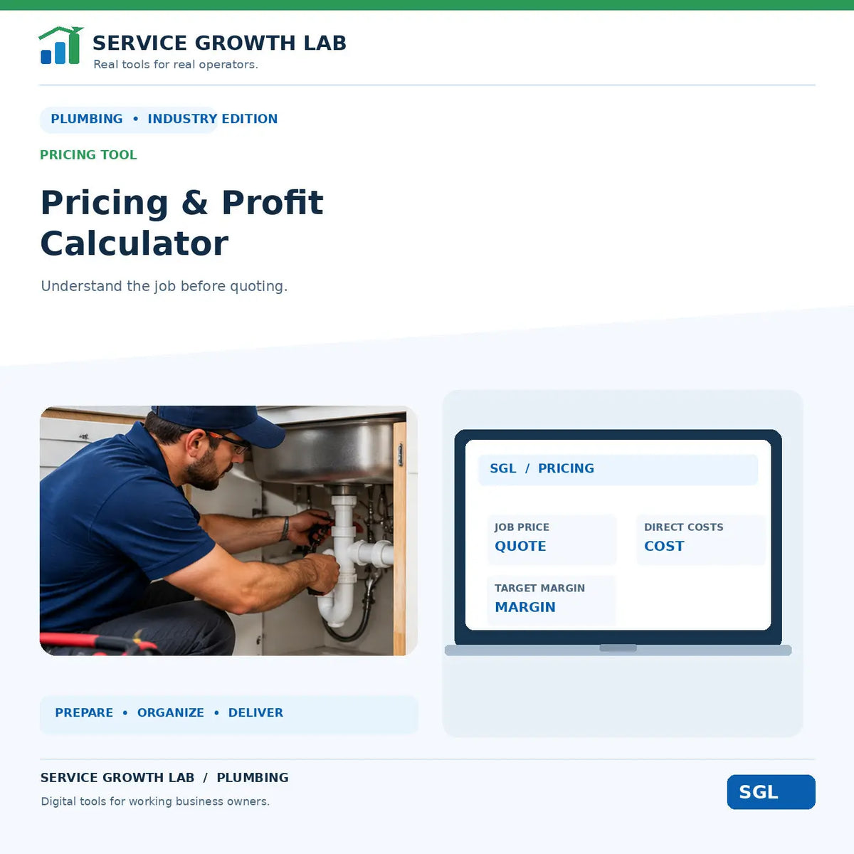 Plumbing Pricing & Profit Calculator by Service Growth Lab: blue-and-white industry cover with matching tool illustration