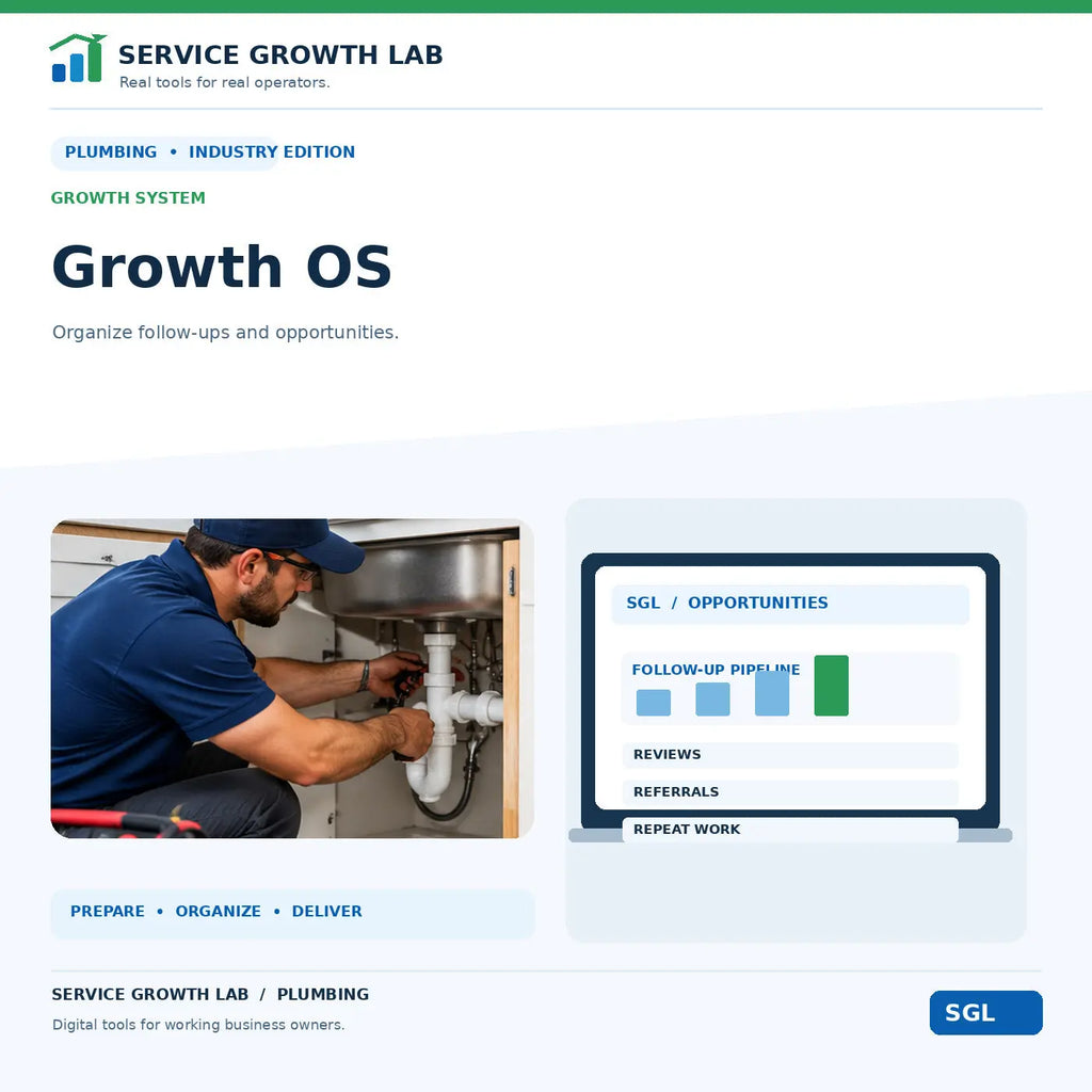 Plumbing Growth OS by Service Growth Lab: blue-and-white industry cover with matching tool illustration