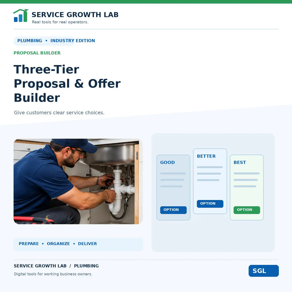 Plumbing Three-Tier Proposal & Offer Builder by Service Growth Lab: blue-and-white industry cover with matching tool illustration