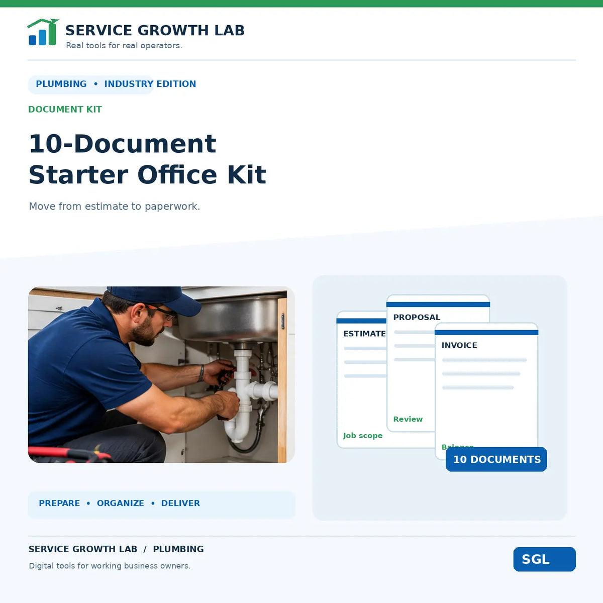 Plumbing 10-Document Starter Office Kit by Service Growth Lab: blue-and-white industry cover with matching tool illustration