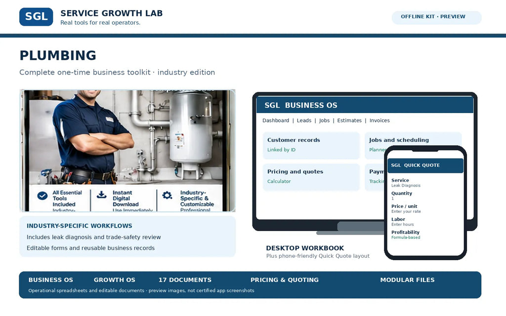 SGL Plumbing Complete One-Time Toolkit, desktop and mobile workbook previews