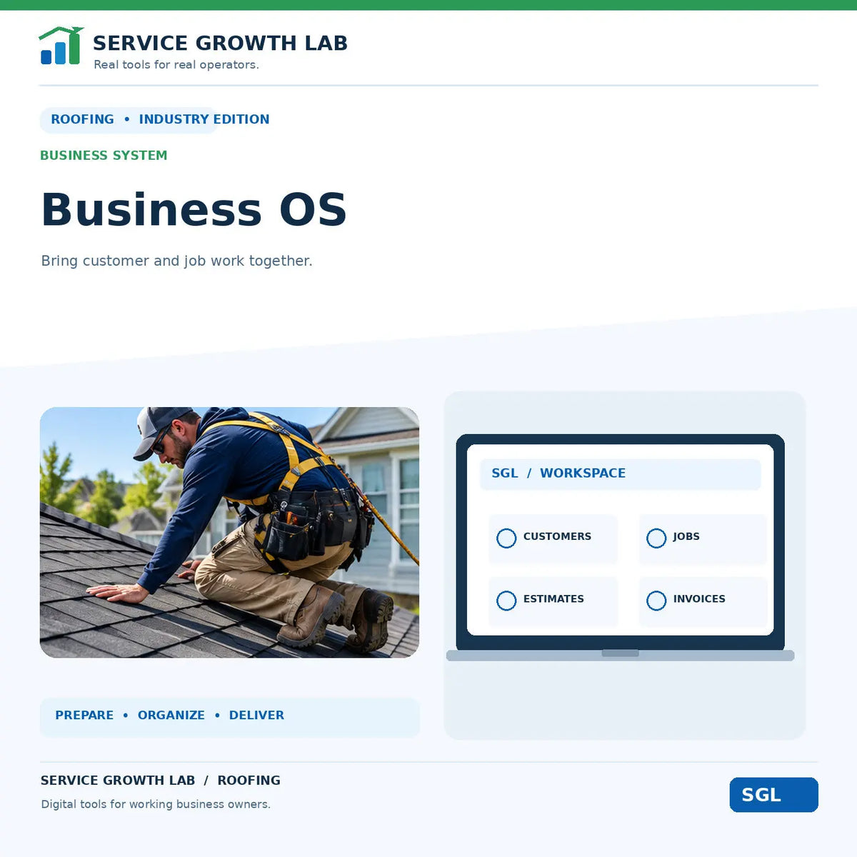 Roofing Business OS by Service Growth Lab: blue-and-white industry cover with matching tool illustration