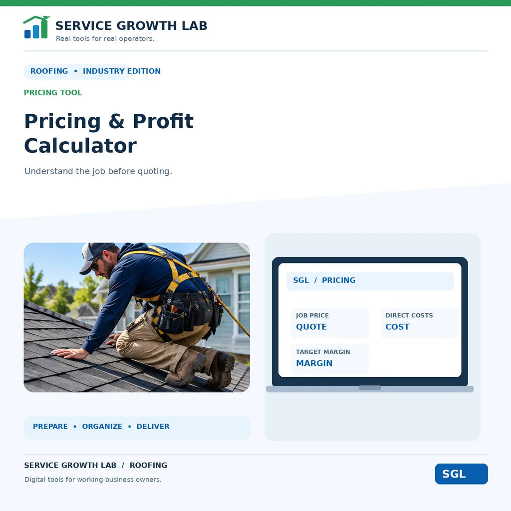 Roofing Pricing & Profit Calculator by Service Growth Lab: blue-and-white industry cover with matching tool illustration