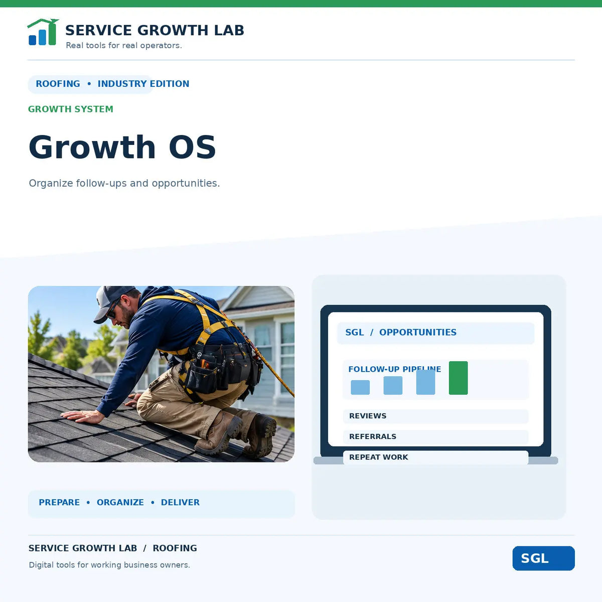 Roofing Growth OS by Service Growth Lab: blue-and-white industry cover with matching tool illustration