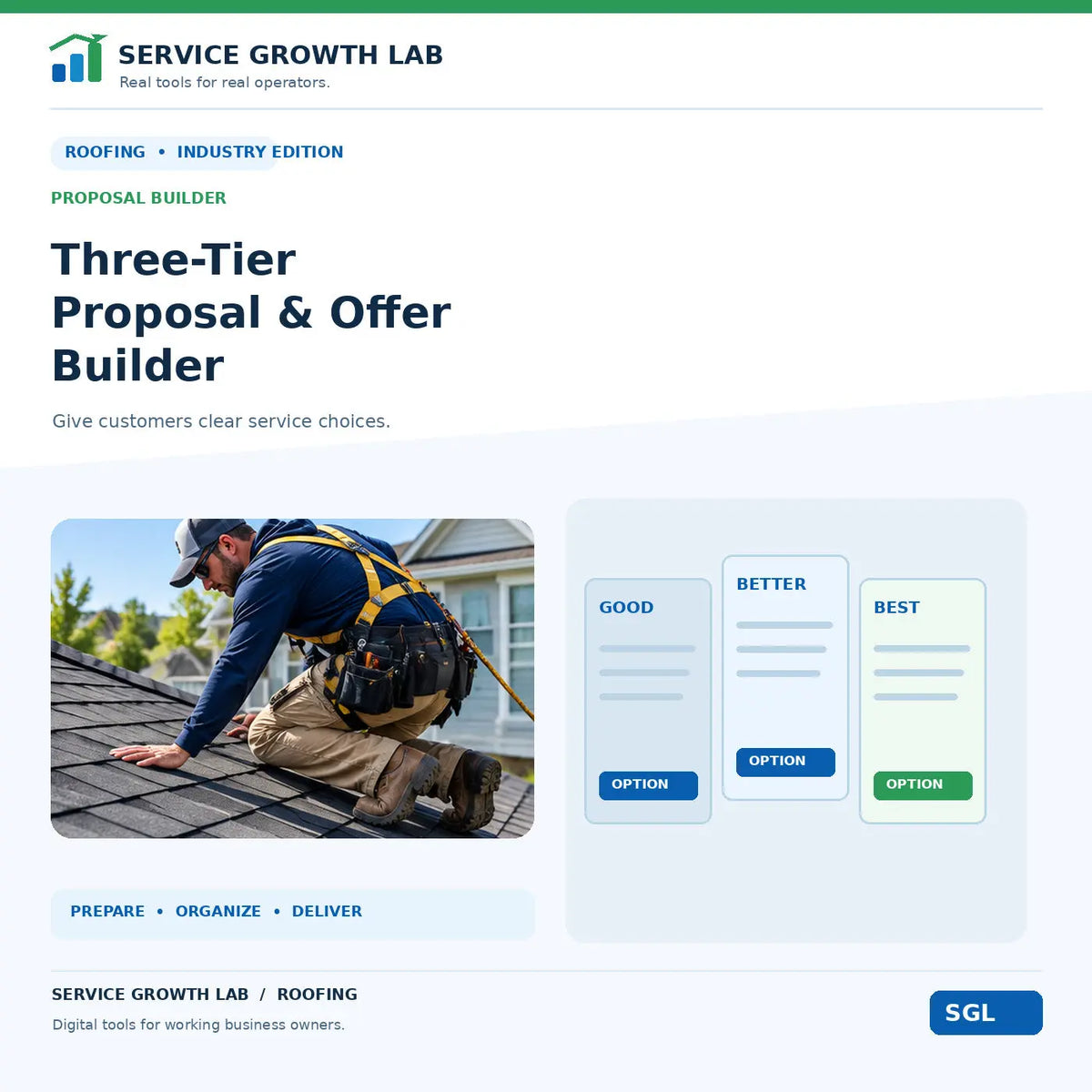 Roofing Three-Tier Proposal & Offer Builder by Service Growth Lab: blue-and-white industry cover with matching tool illustration