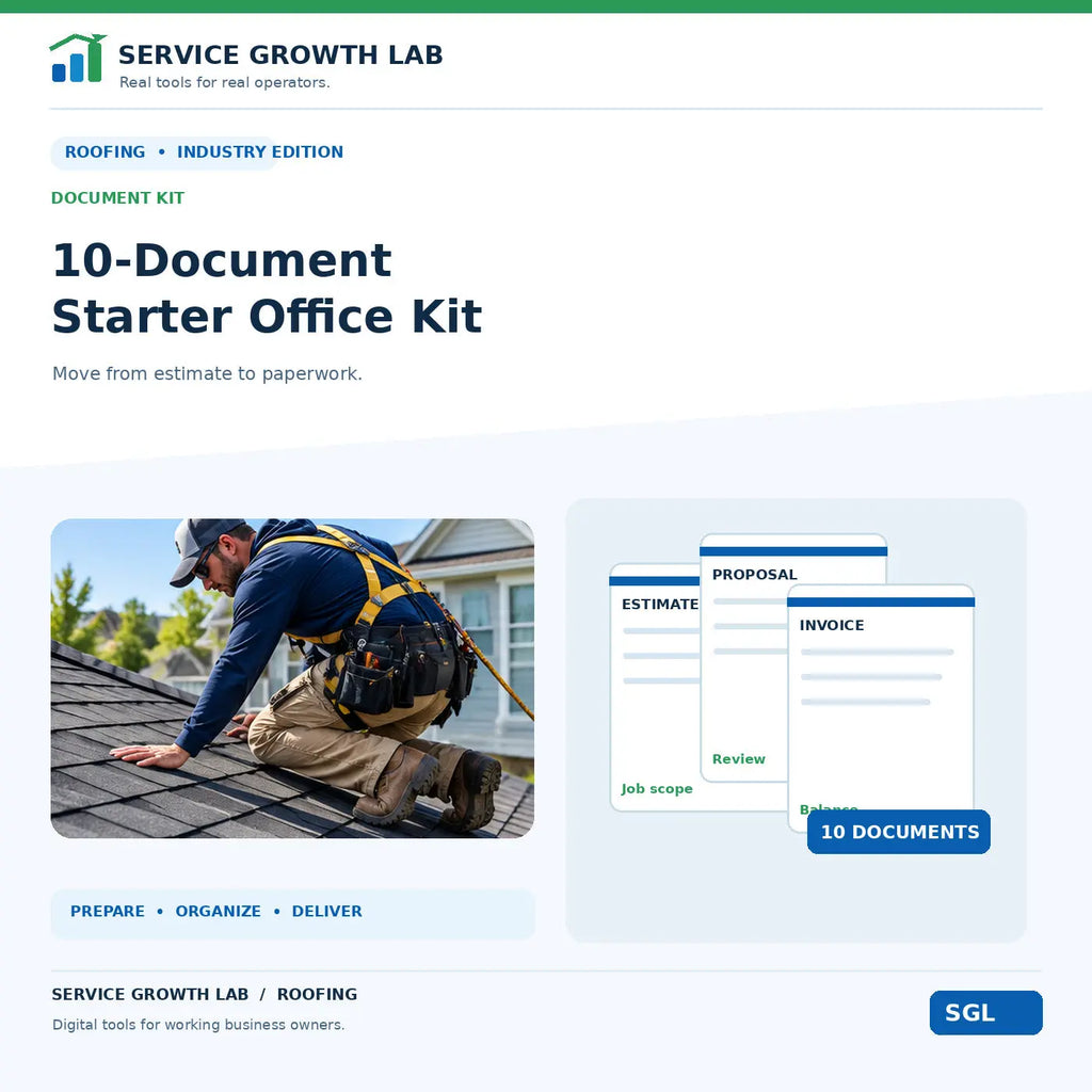 Roofing 10-Document Starter Office Kit by Service Growth Lab: blue-and-white industry cover with matching tool illustration