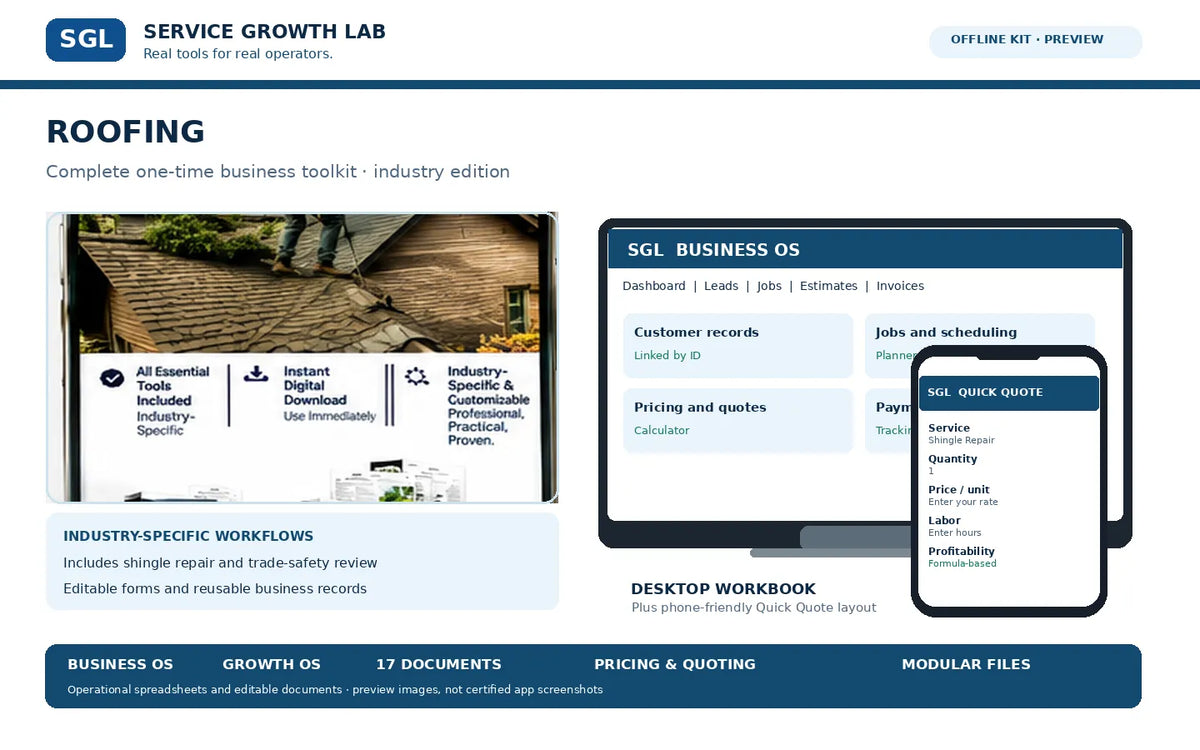 SGL Roofing Complete Toolkit — desktop and mobile workbook preview