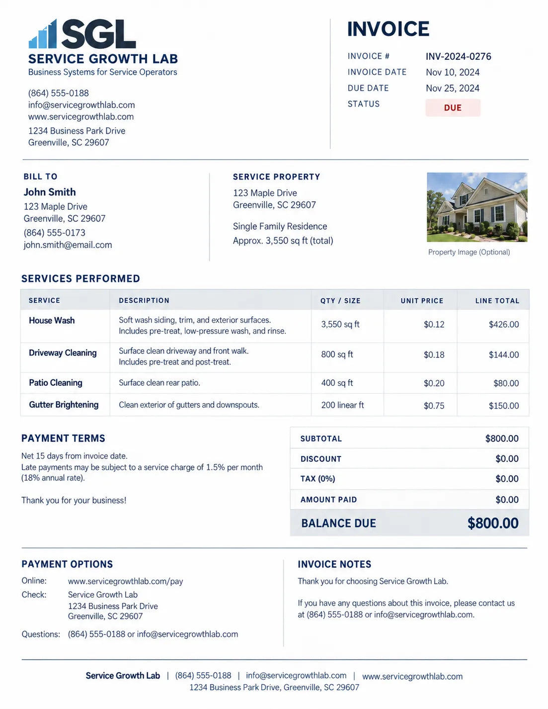 Sample pressure washing invoice preview from Service Growth Lab Starter Office Kit