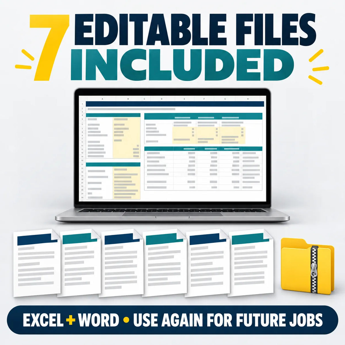 Seven editable Excel and Word files included in the pressure washing proposal package