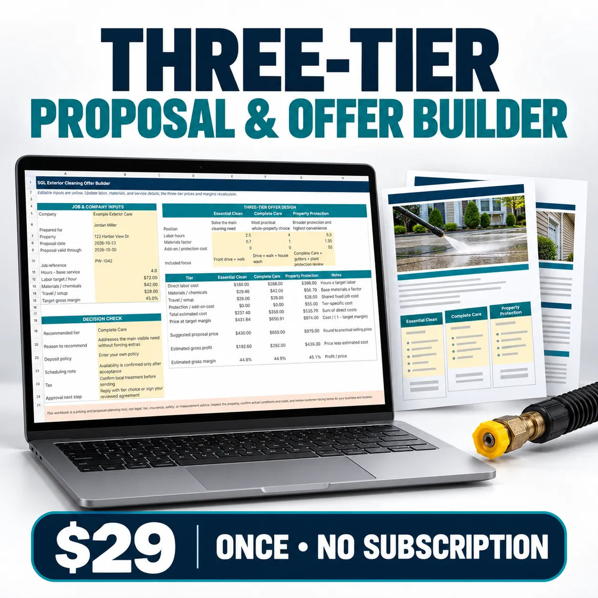 Pressure washing proposal template and three-tier offer builder with editable workbook and proposal pages