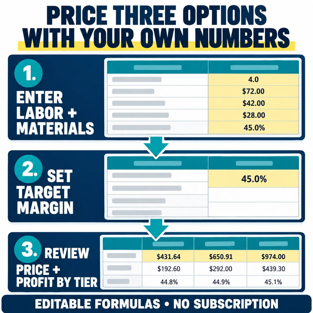 Enter labor and materials, set target margin, and review price and estimated profit by tier