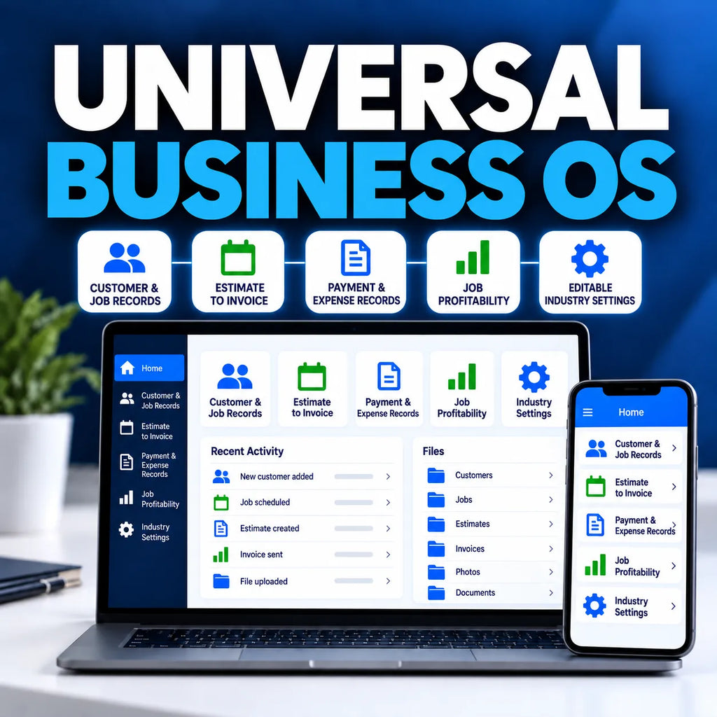 Universal Business OS shown on desktop and mobile