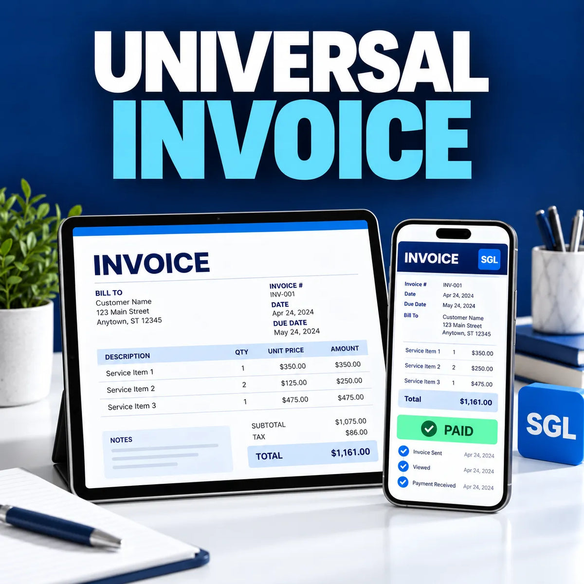 Universal Invoice shown on desktop and mobile