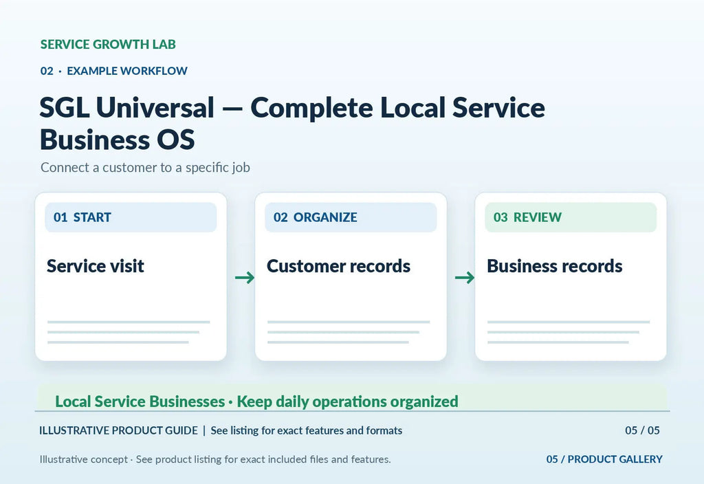 SGL Universal — Complete Local Service Business OS — original illustrative product marketing visual 4 and relevant service workflow