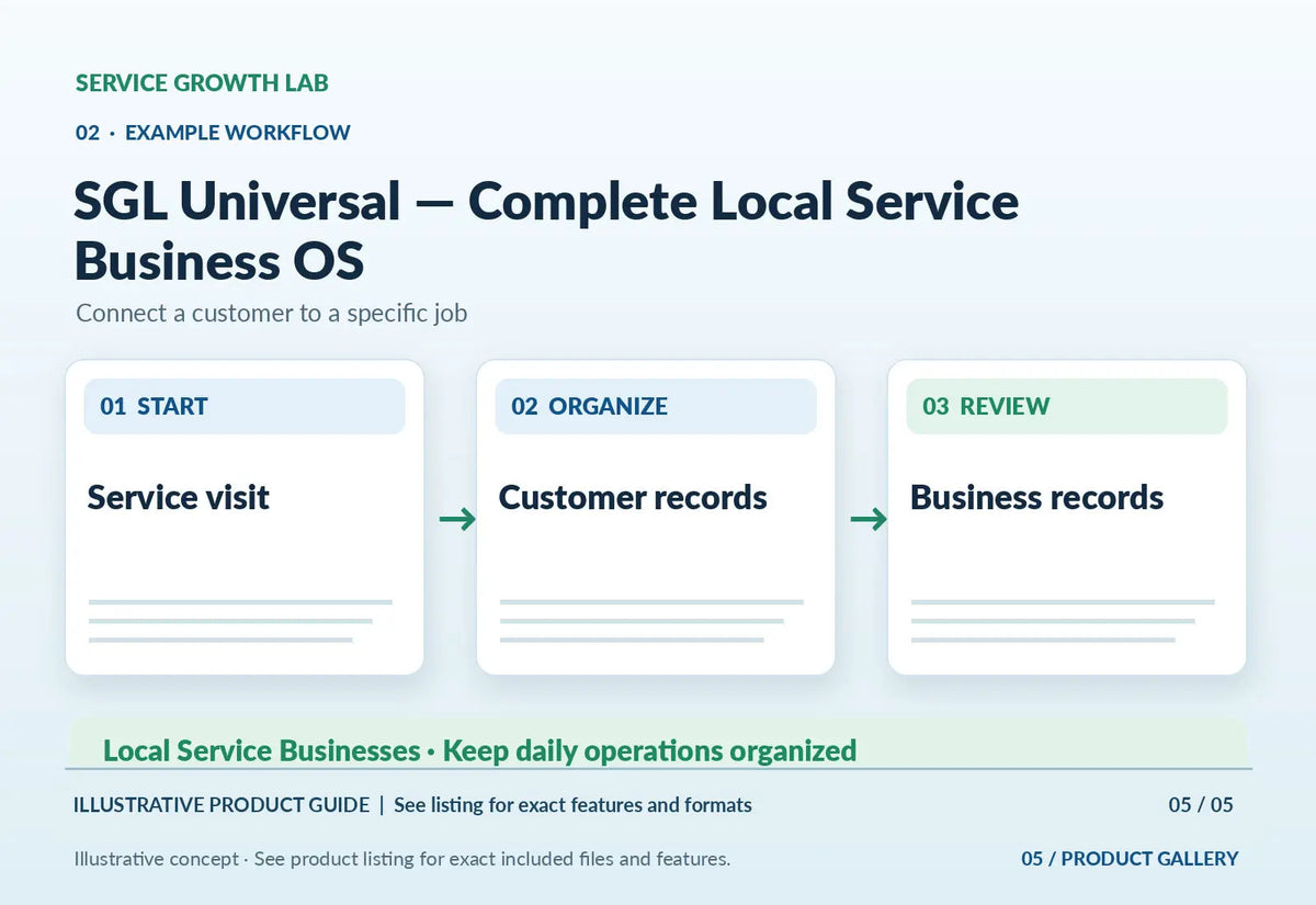 SGL Universal — Complete Local Service Business OS — original illustrative product marketing visual 4 and relevant service workflow