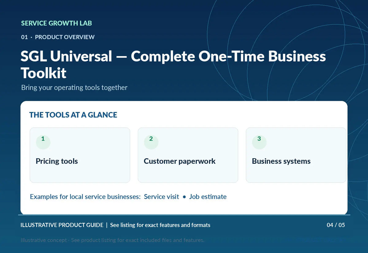 SGL Universal — Complete One-Time Business Toolkit — original illustrative product marketing visual 3 and relevant service workflow