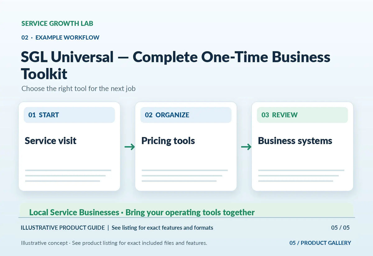 SGL Universal — Complete One-Time Business Toolkit — original illustrative product marketing visual 4 and relevant service workflow