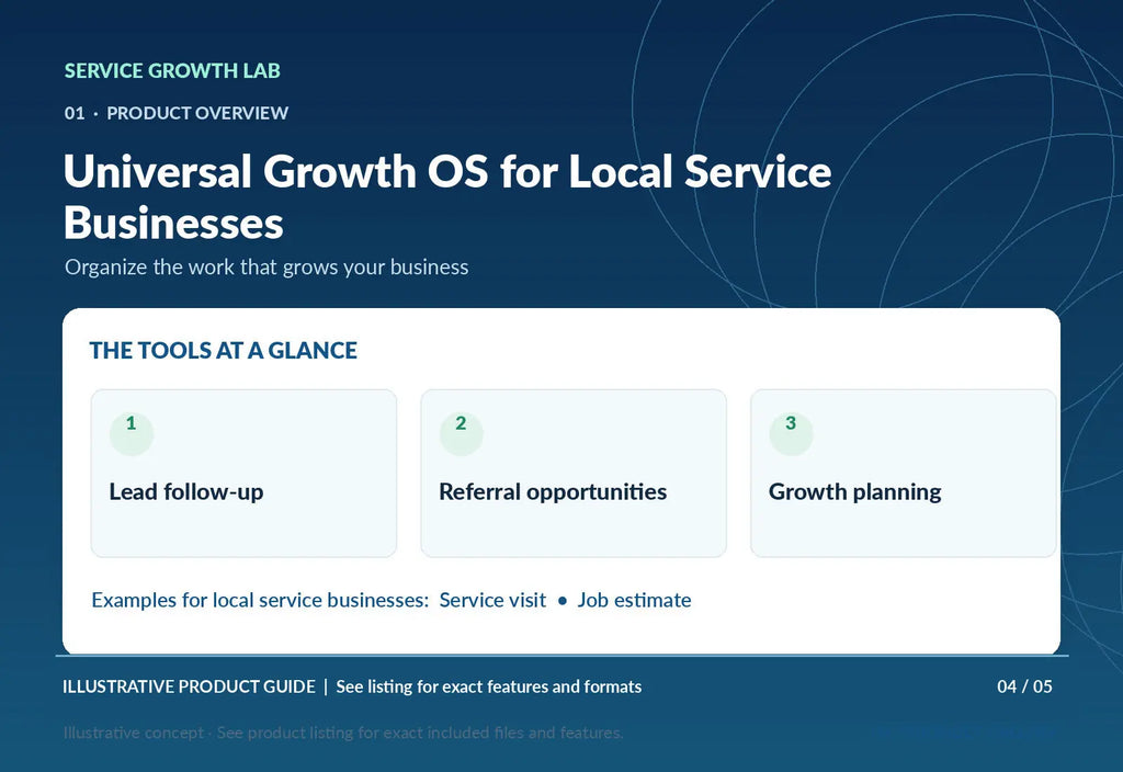 Universal Growth OS for Local Service Businesses — original illustrative product marketing visual 3 and relevant service workflow
