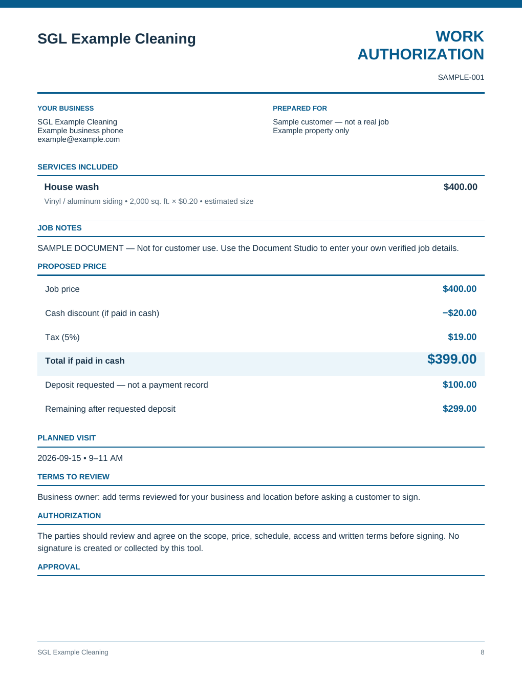 Sample Work Authorization created with the SGL Starter Office Kit using fictional demonstration data