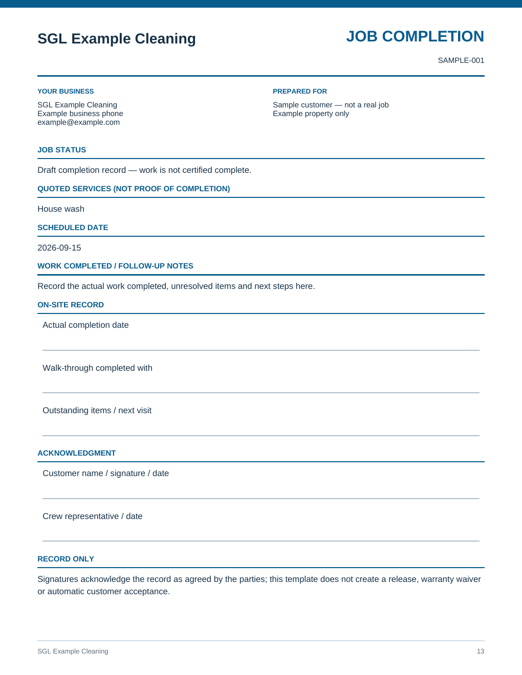 Sample Job Completion created with the SGL Starter Office Kit using fictional demonstration data