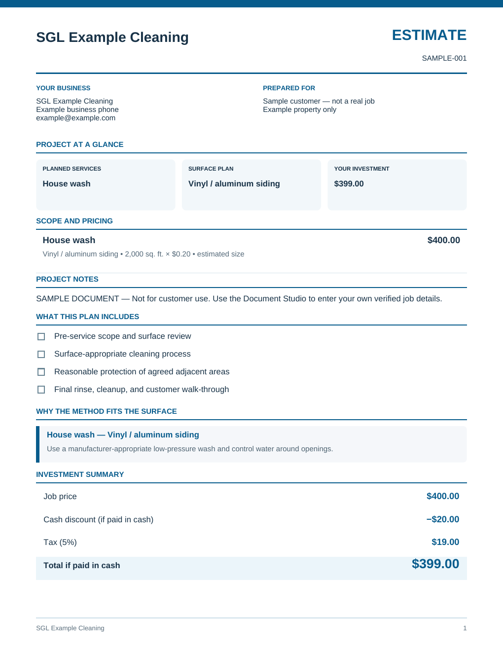 Sample Estimate created with the SGL Starter Office Kit using fictional demonstration data