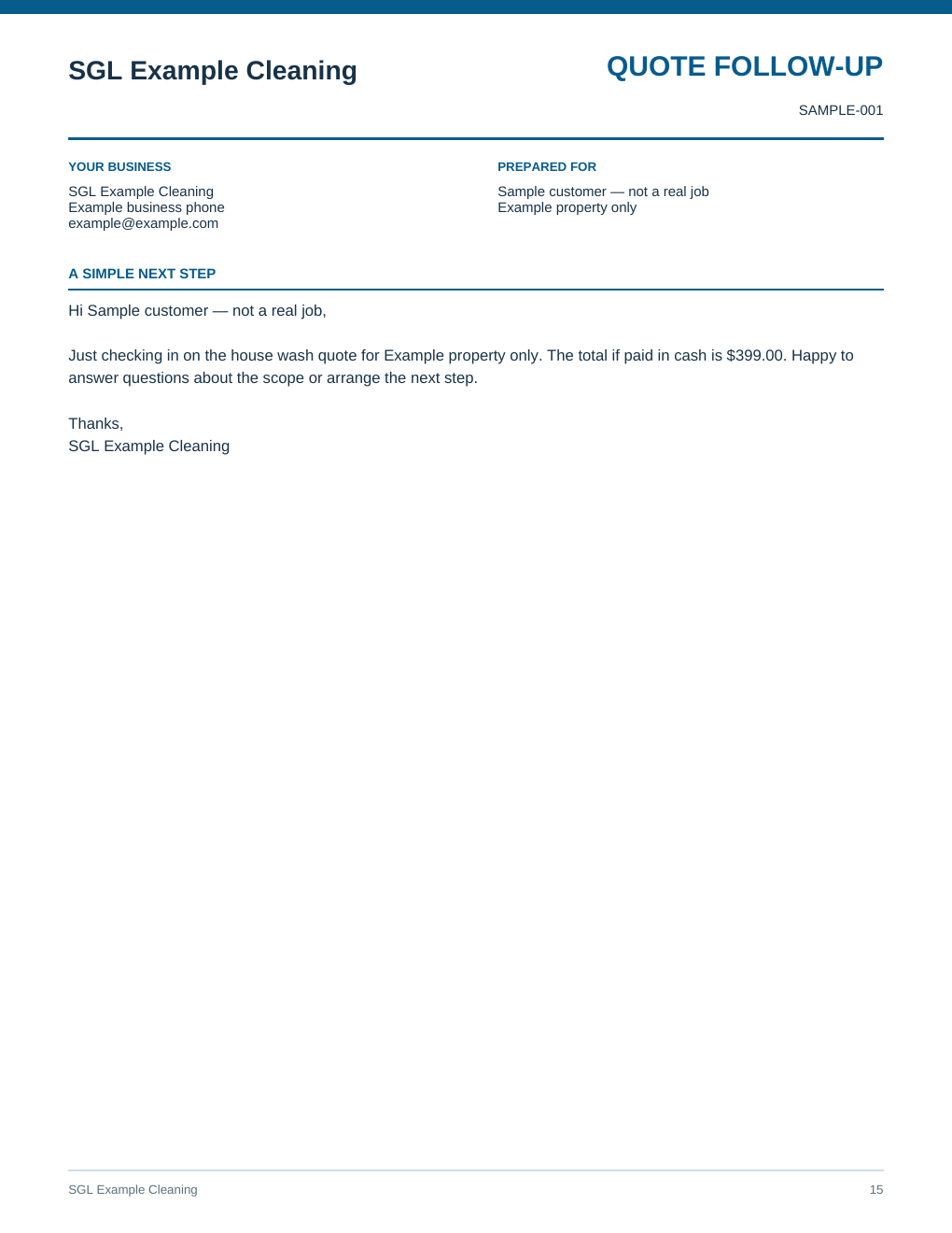Sample Quote Follow-Up created with the SGL Starter Office Kit using fictional demonstration data