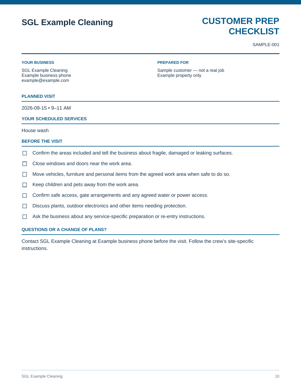 Sample Customer Prep Checklist created with the SGL Starter Office Kit using fictional demonstration data