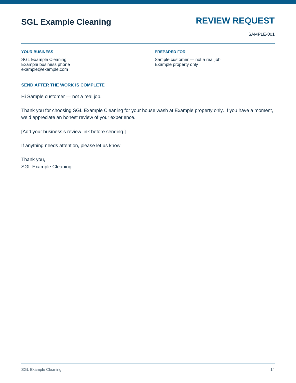 Sample Review Request created with the SGL Starter Office Kit using fictional demonstration data