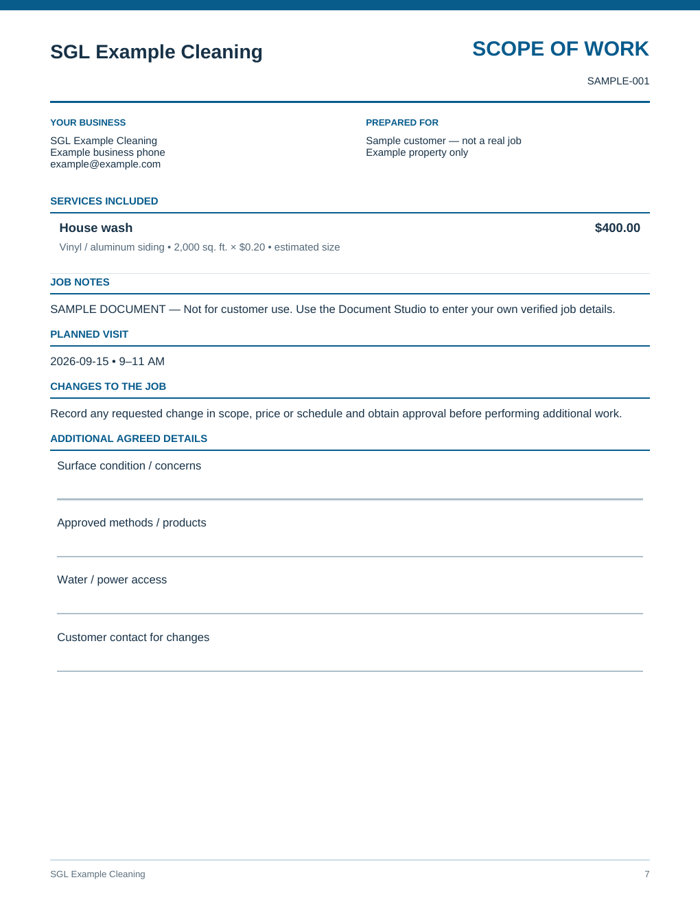 Sample Scope of Work created with the SGL Starter Office Kit using fictional demonstration data
