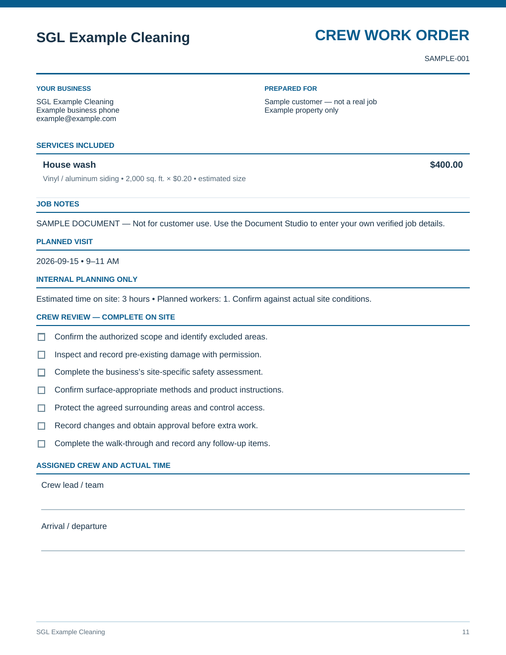 Sample Crew Work Order created with the SGL Starter Office Kit using fictional demonstration data